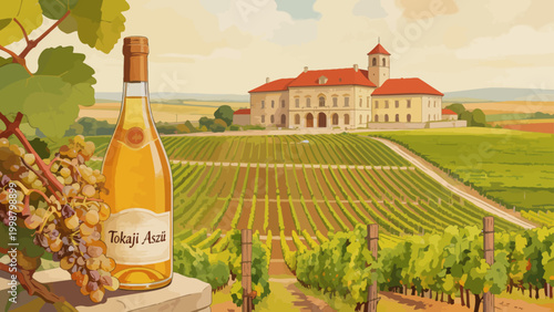 Wine bottle in vineyard landscape