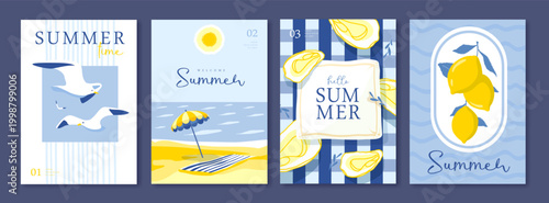 Set of summer Italian posters or covers with oysters, beach umbrella, tablecloth, lemons, seagulls and beach landscape. Vector illustration