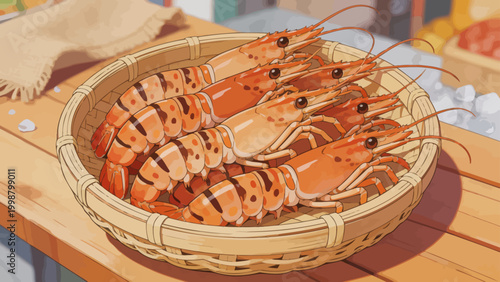 Fresh shrimp in woven basket