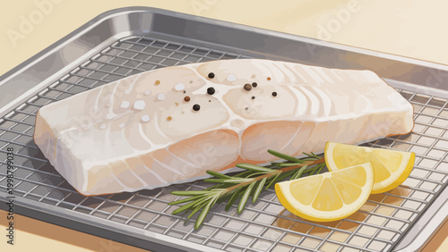 Raw fish fillet with lemon and herbs