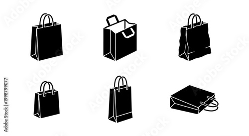 A versatile collection of six black silhouette shopping bag icons in various styles, including boutique gift bags, paper grocery bags