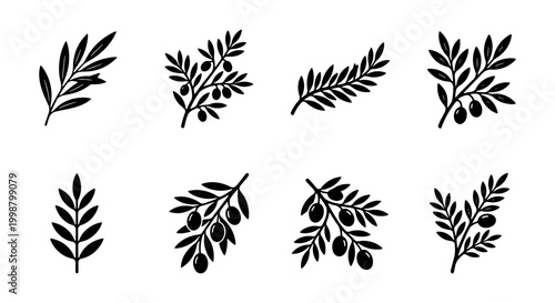 A professional collection of eight high-quality black silhouette icons featuring various olive branches and fruits. These vector illustrations are ideal for Mediterranean cuisine logos