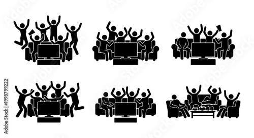 People Silhouettes Watching Television and Cheering on Sofa Icon Set