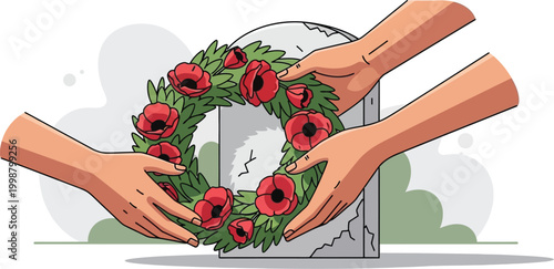Two pairs of hands gently place a remembrance wreath adorned with red poppies on a weathered gravestone symbolizing respect and honor.