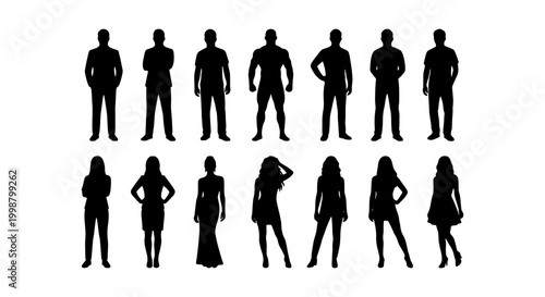 Standing Man and Woman Silhouettes - Diverse People Vector Icon Set
