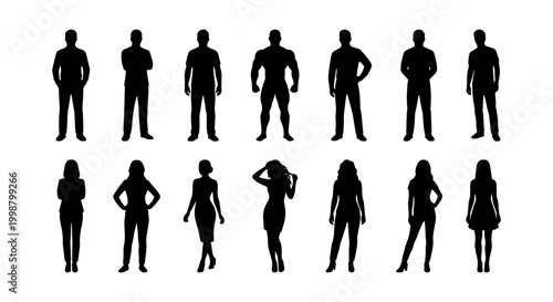 Diverse Standing Men and Women Silhouettes Vector Icons Set