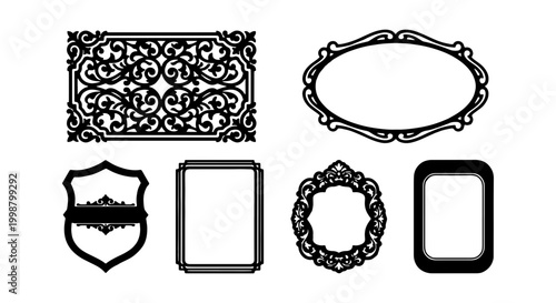  A professional collection of six black silhouette decorative frames and borders. This vector set features various styles including ornate filigree, classic ovals, rectangular borders, and a shield