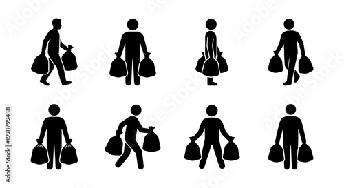 Man Silhouettes Carrying Heavy Bags and Trash Sacks Icon Set