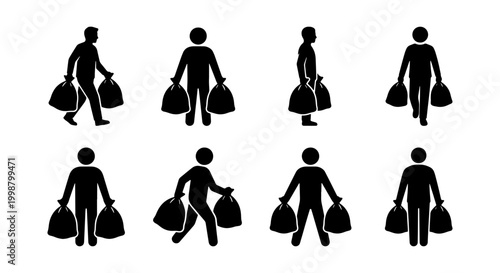 Man Silhouettes Carrying Heavy Bags and Trash Sacks Vector Icons Set, A professional vector illustration featuring a collection of black silhouettes of men carrying heavy bags, sacks, or trash bags