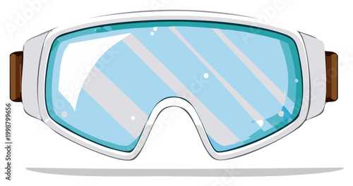Vector illustration of white ski goggles with a blue lens for winter sports and snowboarding