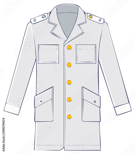 White single-breasted uniform jacket with epaulets and four pockets vector illustration