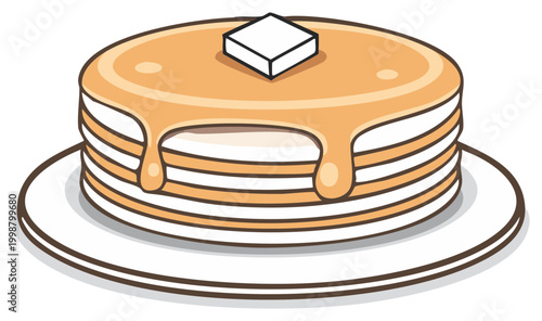 Stack of freshly prepared pancakes covered in dripping syrup with a pat of butter sits attractively on a white plate ready to be eaten.