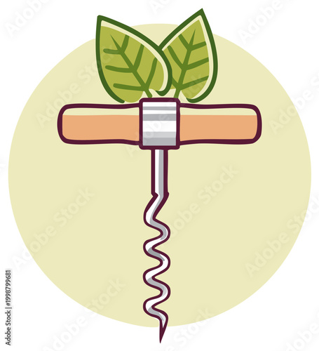 Stylized illustration of a corkscrew with green leaves for wine tasting and preparation