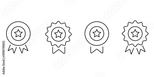 Vector set of black line star award badges and ribbons icons on white background for excellence and achievement recognition