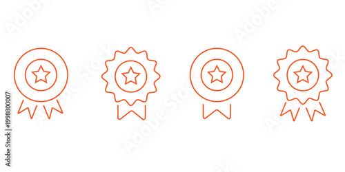A set of four orange line art award ribbons with star centers on a white background
