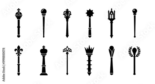 Foto Royal Scepter and Medieval Mace Silhouette Vector Icon Set