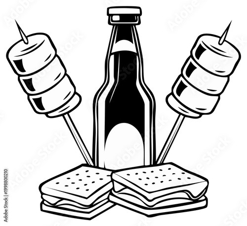 Camping treat illustration with bottle marshmallows and s'mores