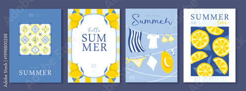 Set of summer Italian posters or covers with tiles, drying clothes, lemon pattern  and frame. Vector illustration