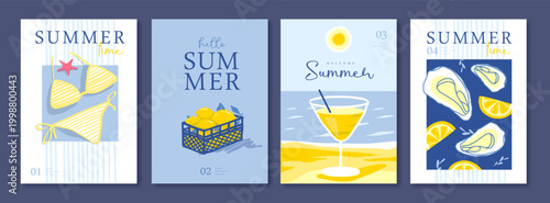 Set of summer Italian posters or covers with cocktail, bikini, lemons, oysters, starfish and beach landscape. Vector illustration