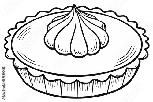 Detailed illustration of a single meringue topped tart with decorative crust and swirls