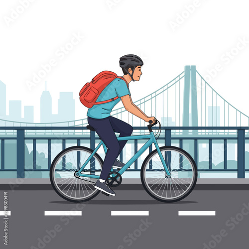 Young man cycling on a bicycle with a backpack on a bridge in the city.