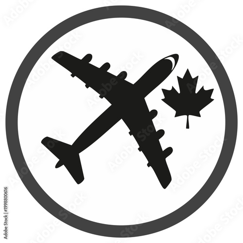 Canadian Travel and Aviation Vector Icon with Airplane and Maple Leaf Symbol