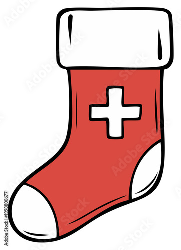 Red Christmas stocking featuring a white cross symbol for festive gifting