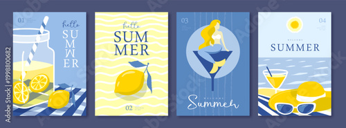 Obraz na plátně Set of summer Italian posters or covers with lemonade, lemons, mermaid, cocktail, sunglasses  and beach landscape