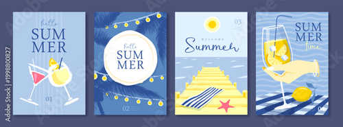 Set of summer Italian posters or covers with lemonade, lemons, string of lights, cocktail, palm trees and beach landscape. Vector illustration