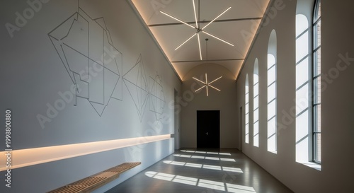 Modern Architectural Interior with Natural Light and Geometric Design.