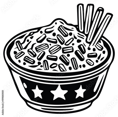Bean Dip in Decorative Bowl with Pretzel Sticks Appetizer Black and White Illustration