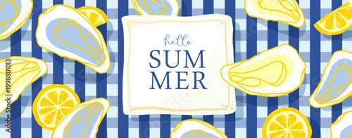 Italy summer poster or banner with lemon slices and oysters on blue tablecloth background. Vector illustration