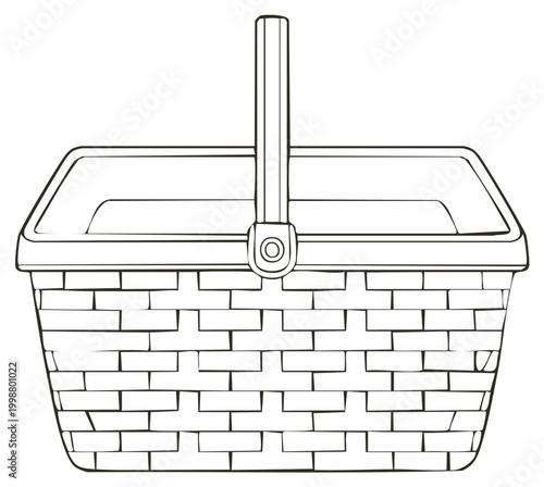 Simple Outline Drawing of an Empty Wicker Picnic Basket with a Handle