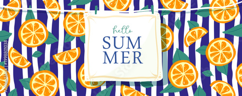 Italy summer poster or banner with lemon slices on striped background. Vector illustration