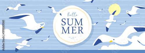 Italy summer poster or banner with seagulls flying in the sky. Summer background. Vector illustration