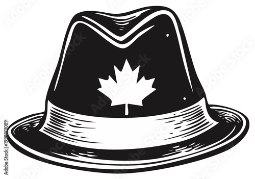 Stylish Fedora Hat with Canadian Maple Leaf Emblem - Black and White Cultural Icon Design