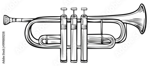 Illustration of a brass trumpet musical instrument in monochrome style