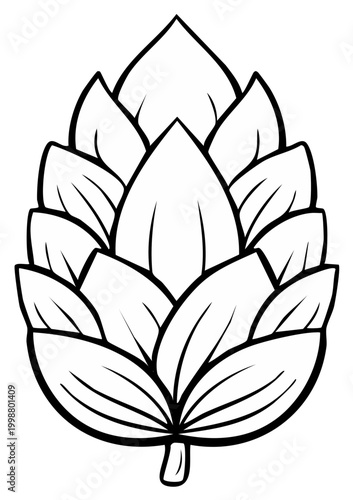 Black and white outline illustration of a hop cone with layered petals