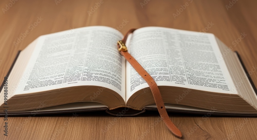 Fototapeta premium Open Bible on Wooden Table with Bookmark.