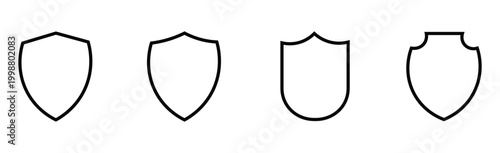 Collection of various shield shapes and designs on a white background for protection and security concepts
