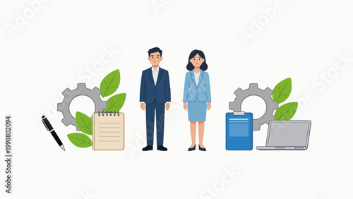 Business professionals with office tools