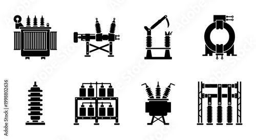 Foto Black Silhouette Electrical Substation Icon Set - High Voltage Power Grid and In