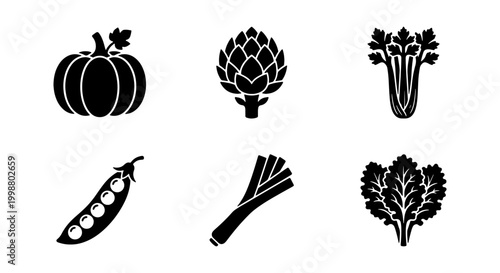 Foto Set of Fresh Vegetable Silhouette Icons - Pumpkin, Artichoke, Celery, Peas, Leek