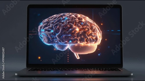 Futuristic illustration about computer technology with a laptop in neon colors. For cover backgrounds, wallpapers and other modern projects. Generated with AI