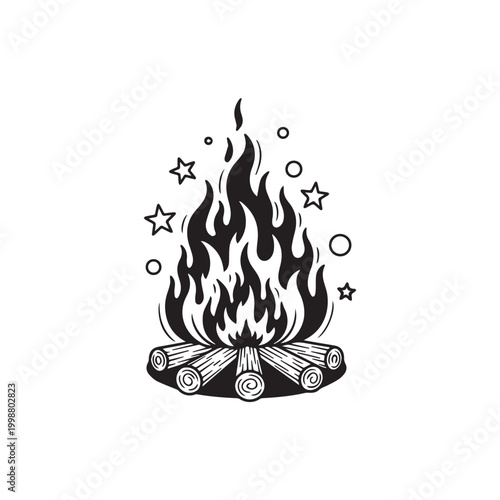 Stylized campfire with stars graphic, an illustrated graphic of a burning