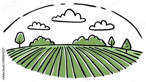 Cartoon landscape illustration of farmland with clouds and trees on a sunny day.