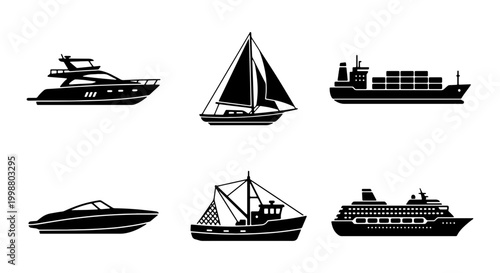 Photos Sea Transportation Silhouette Icon Set - Vector Boat Collection including Yacht,