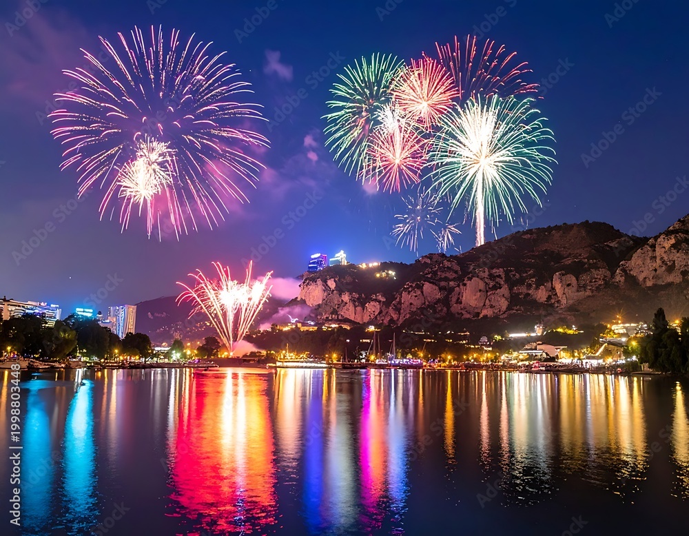 Fototapeta premium Fireworks Display Over Water at Night.