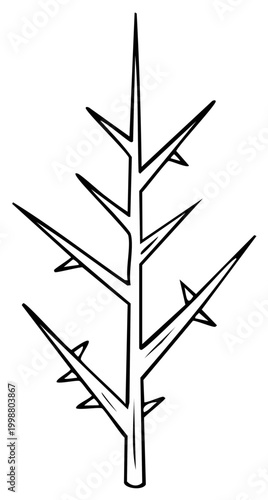 Minimalist monochrome illustration of a thorny tree branch with sharp thorns, vertical composition.