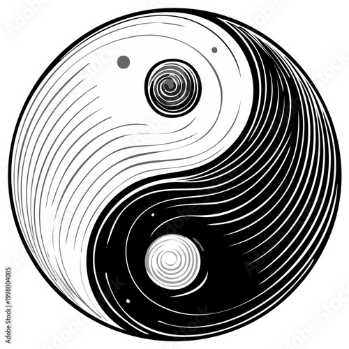 Yin Yang Symbol in Balance Harmony with Spirals Illustration in Black and White for Health Meditation and Asian Culture